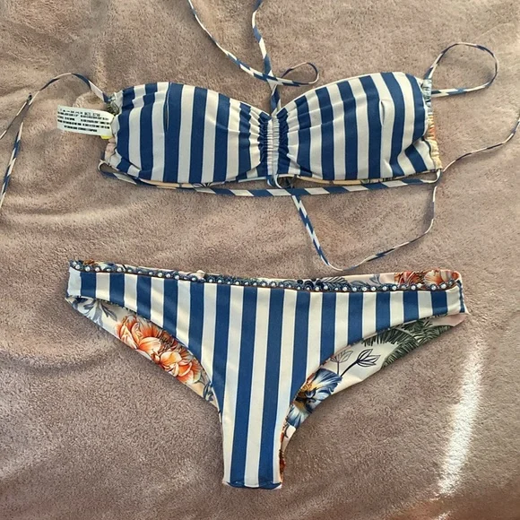 Agua Bendita Blue Floral and Striped Bikini